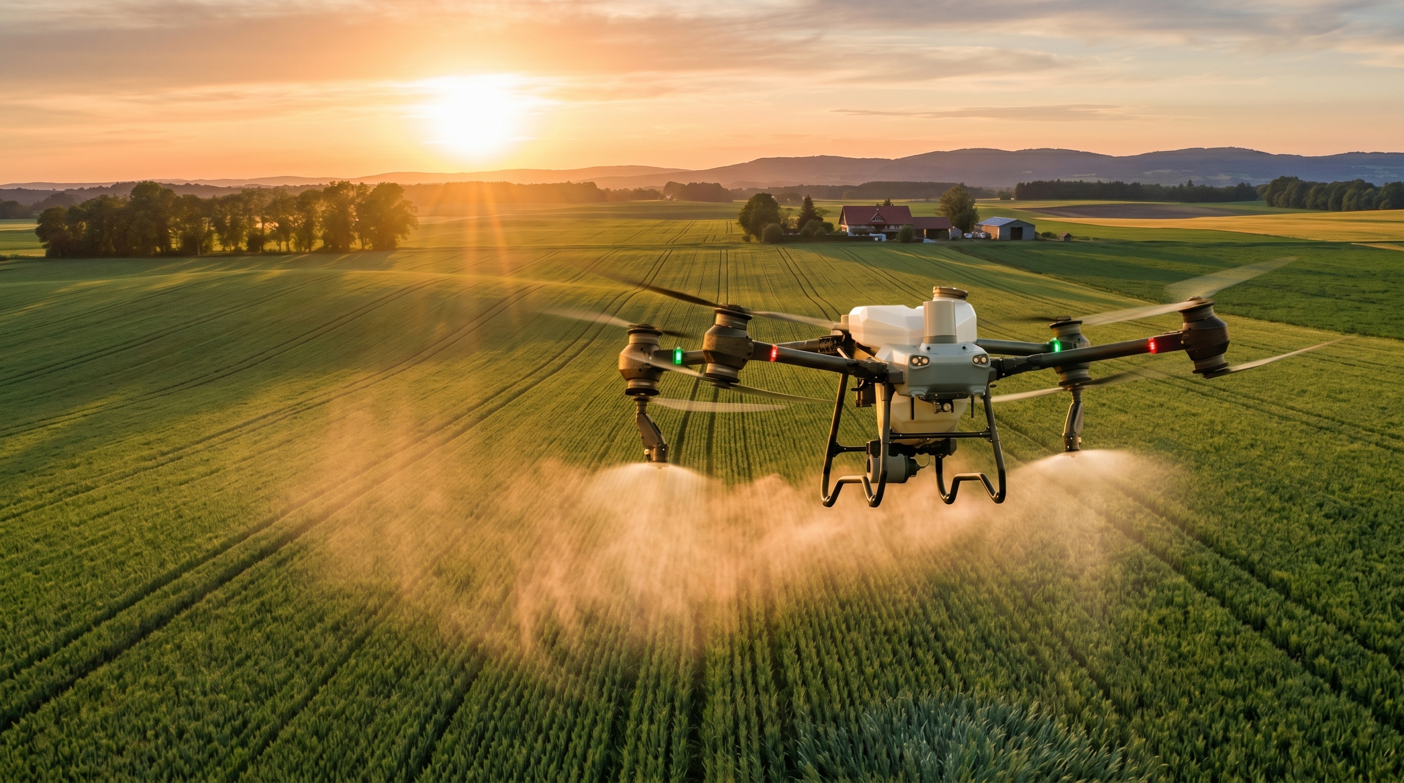 Dron rolniczy DJI Agras podczas oprysku upraw z lotu ptaka